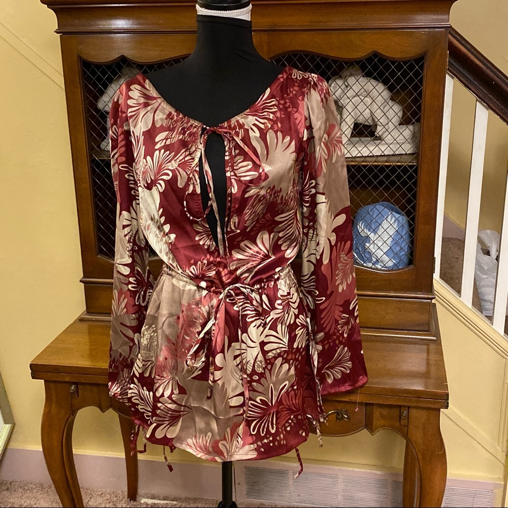 Melange Burgundy, Tan and Cream Satin Drawstring Tunic.